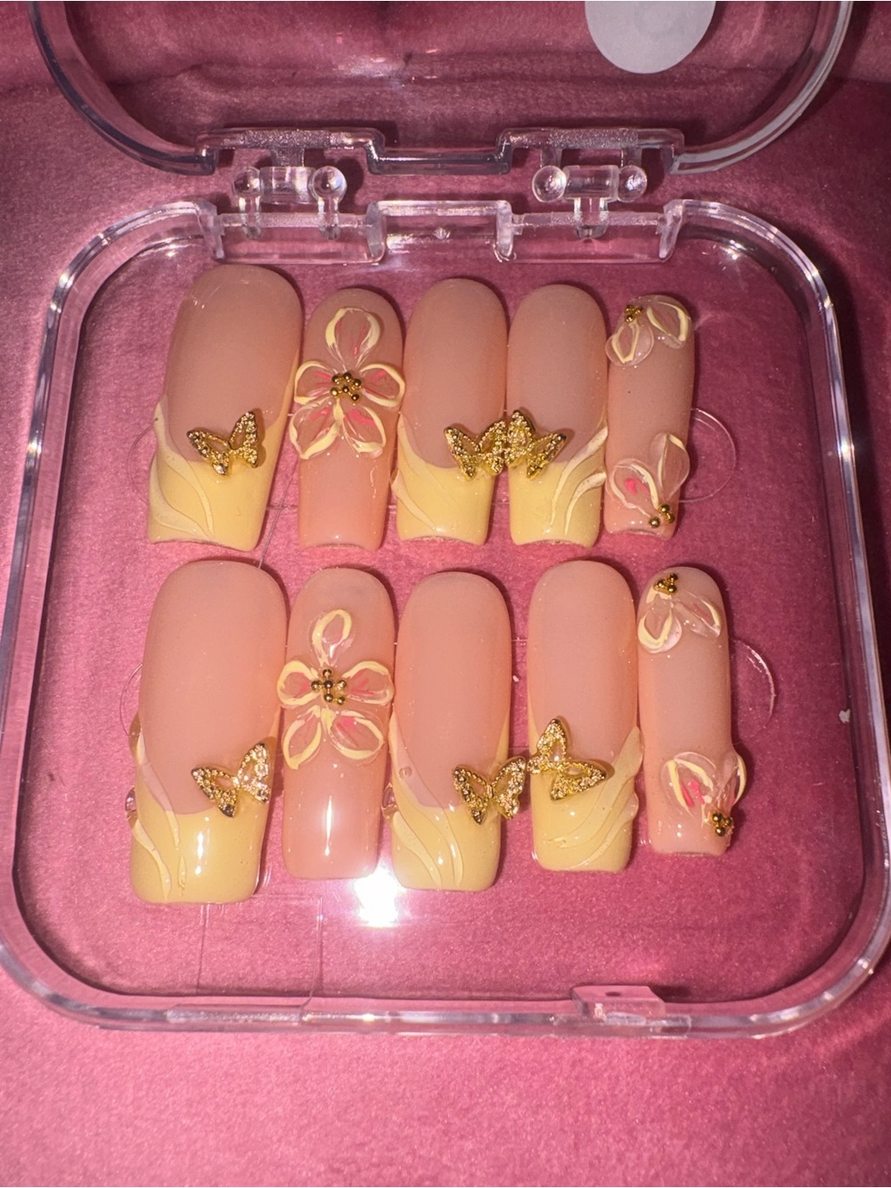 Pink & Yellow Floral Press-On Nails with Gold Butterfly Accents